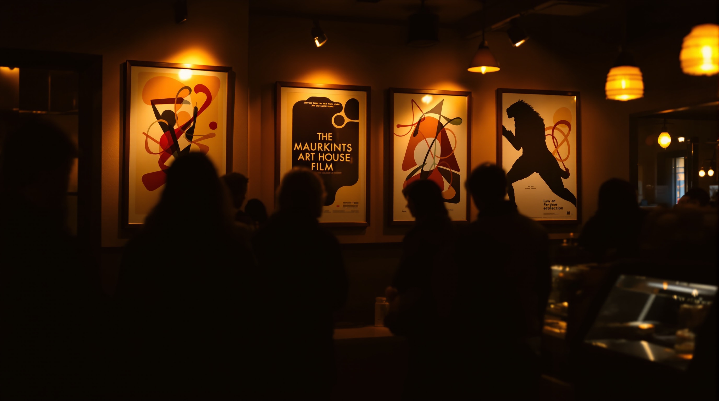 The warmly lit lobby of an intimate art-house cinema in the evening