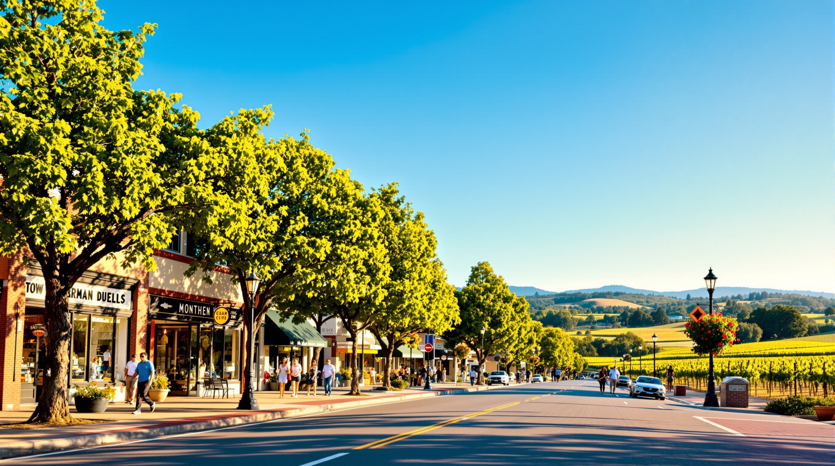 The historic main street of a small Northern California wine-country town on a sunny afternoon