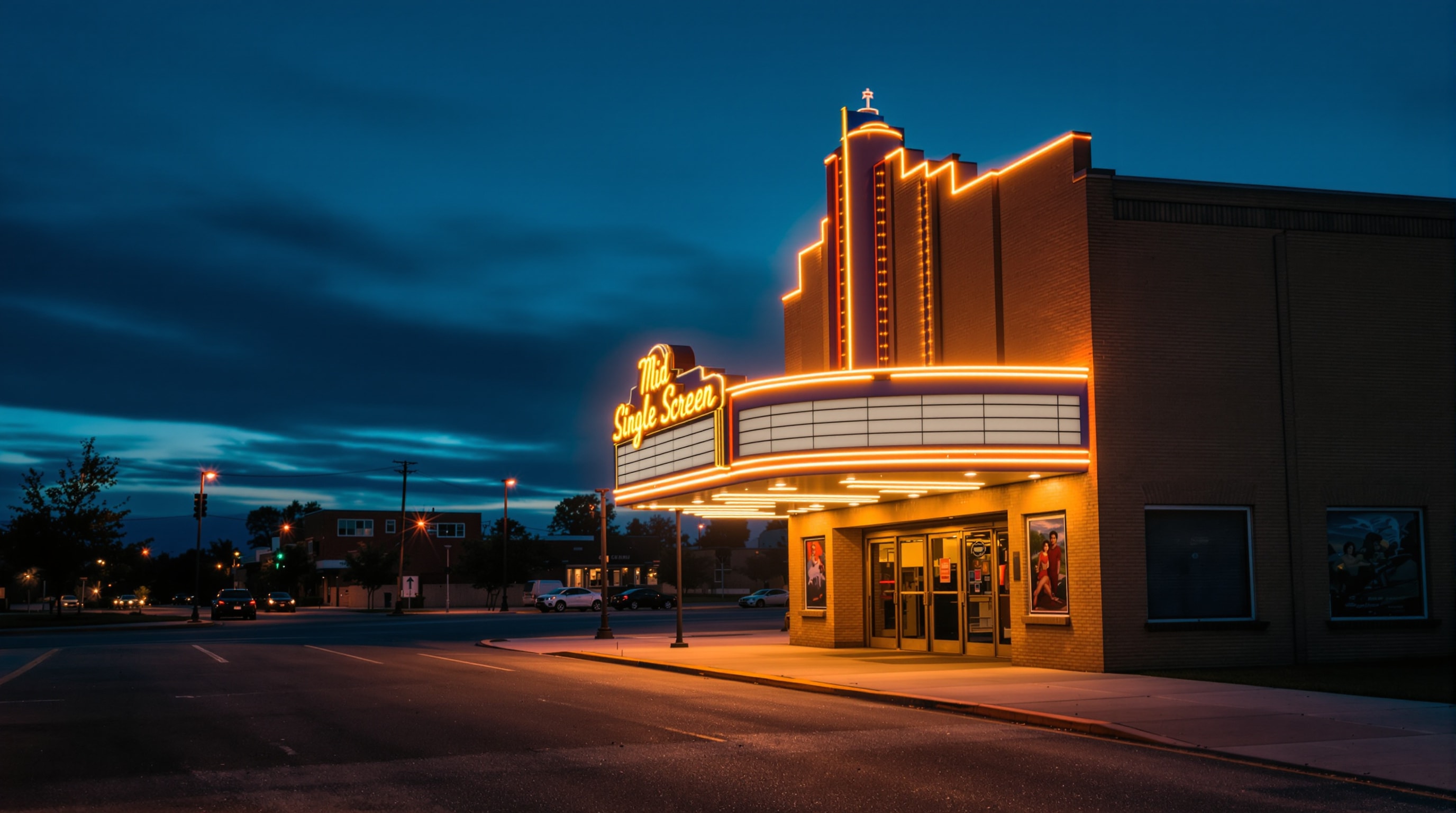 A glowing mid-century movie theater marquee over a small-town main street at dusk