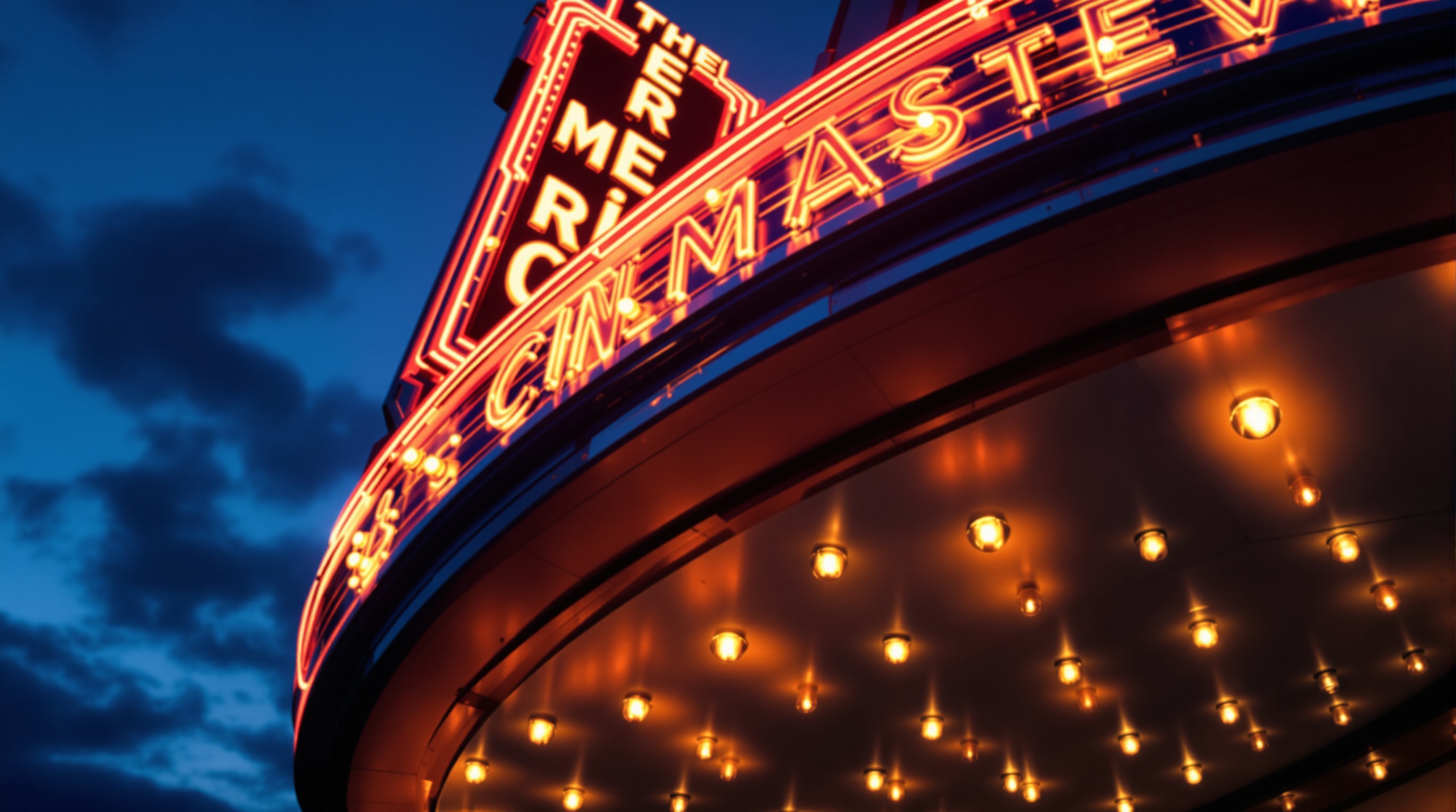 A glowing Streamline Moderne cinema marquee and vertical blade sign at twilight