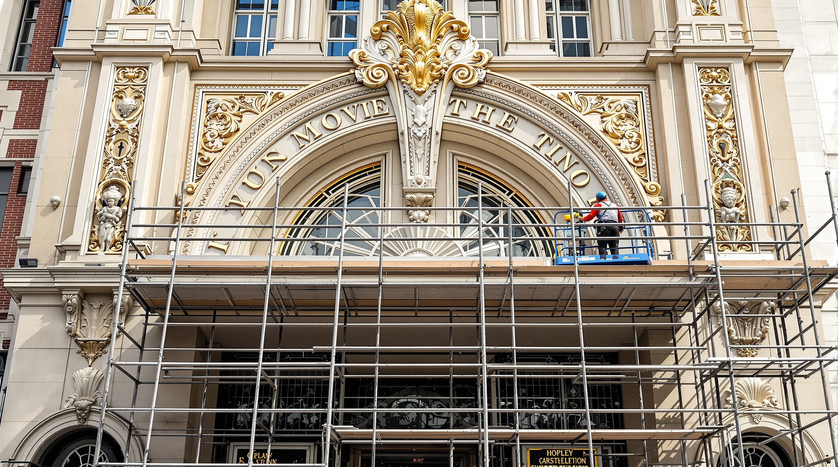 A historic theater facade undergoing careful restoration