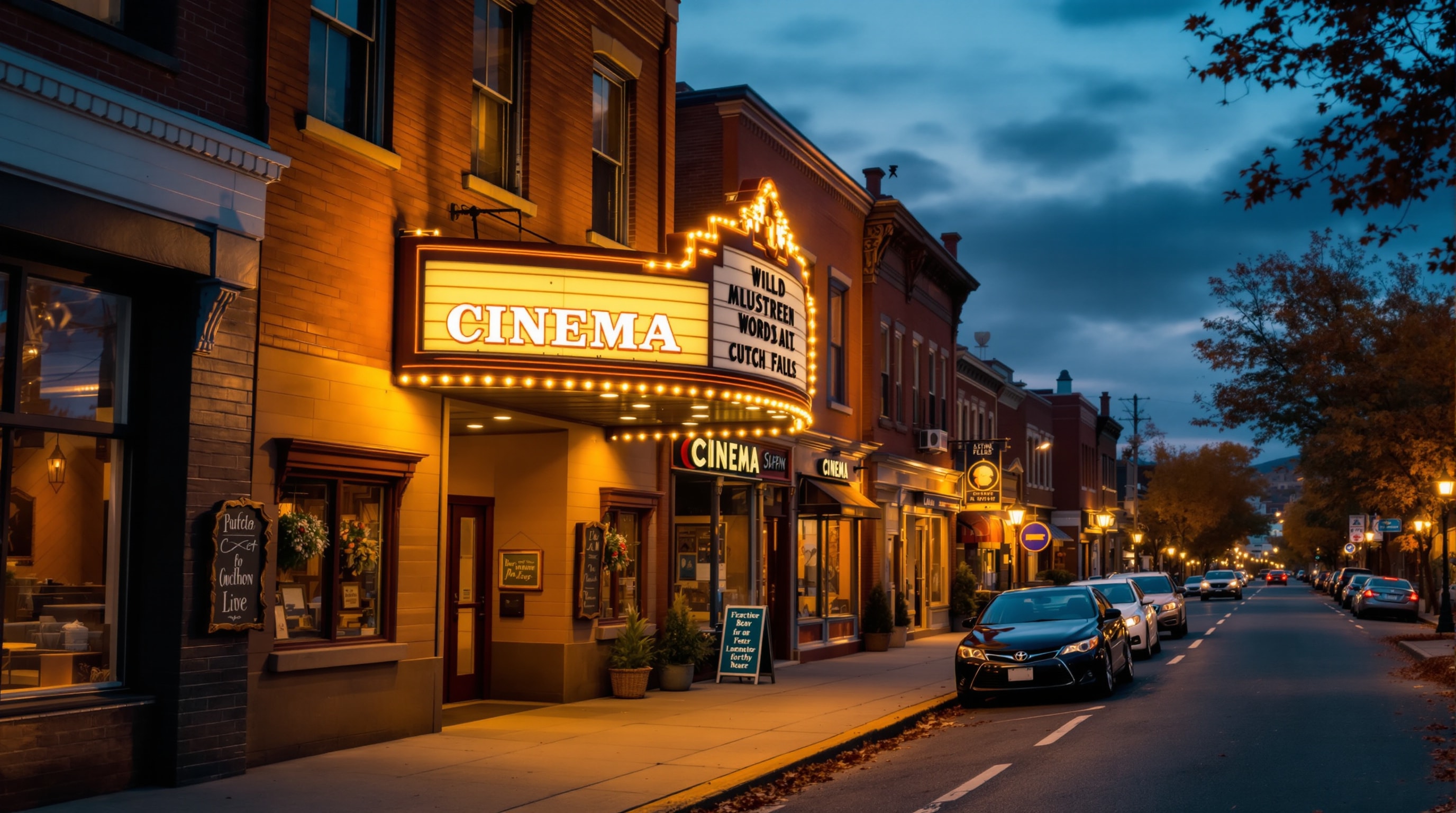A lit cinema marquee anchoring a small downtown street at twilight