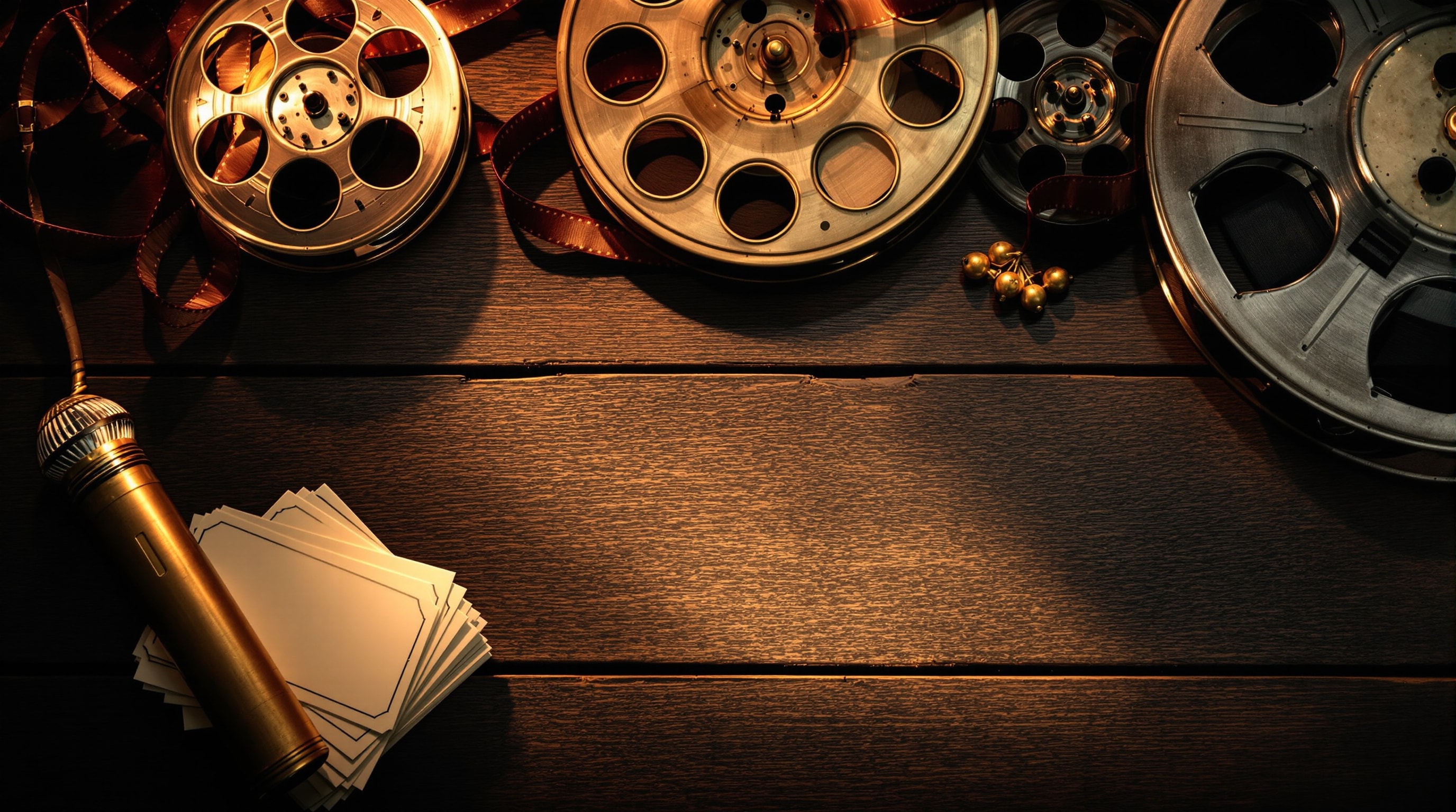 A still life of vintage film reels and cinema artifacts